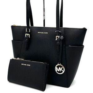 Michael Kors Large Charlotte Tote Bag & Large Double Zip Wallet Black (NWT)